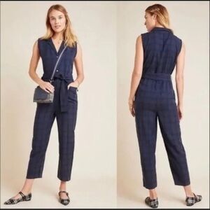 Anthropologie Brielle Plaid Jumpsuit navy blue size Medium M y2k boho H